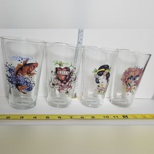 4 Ed Hardy by Christian Audigier 16 ounce glass Pint Glasses: Koi, Geisha, Love
